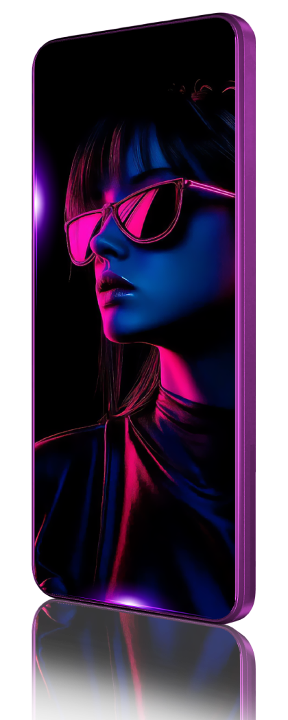 Mobile device with woman on screen with purple elements