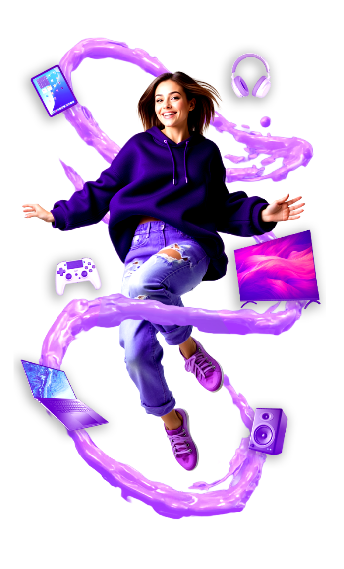 Young woman surrounded by devices and purple elements