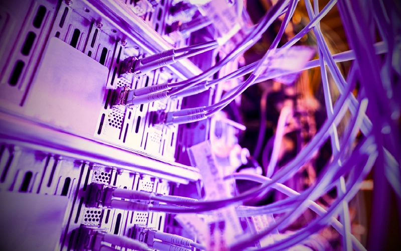 Purple connection cables connected to a server