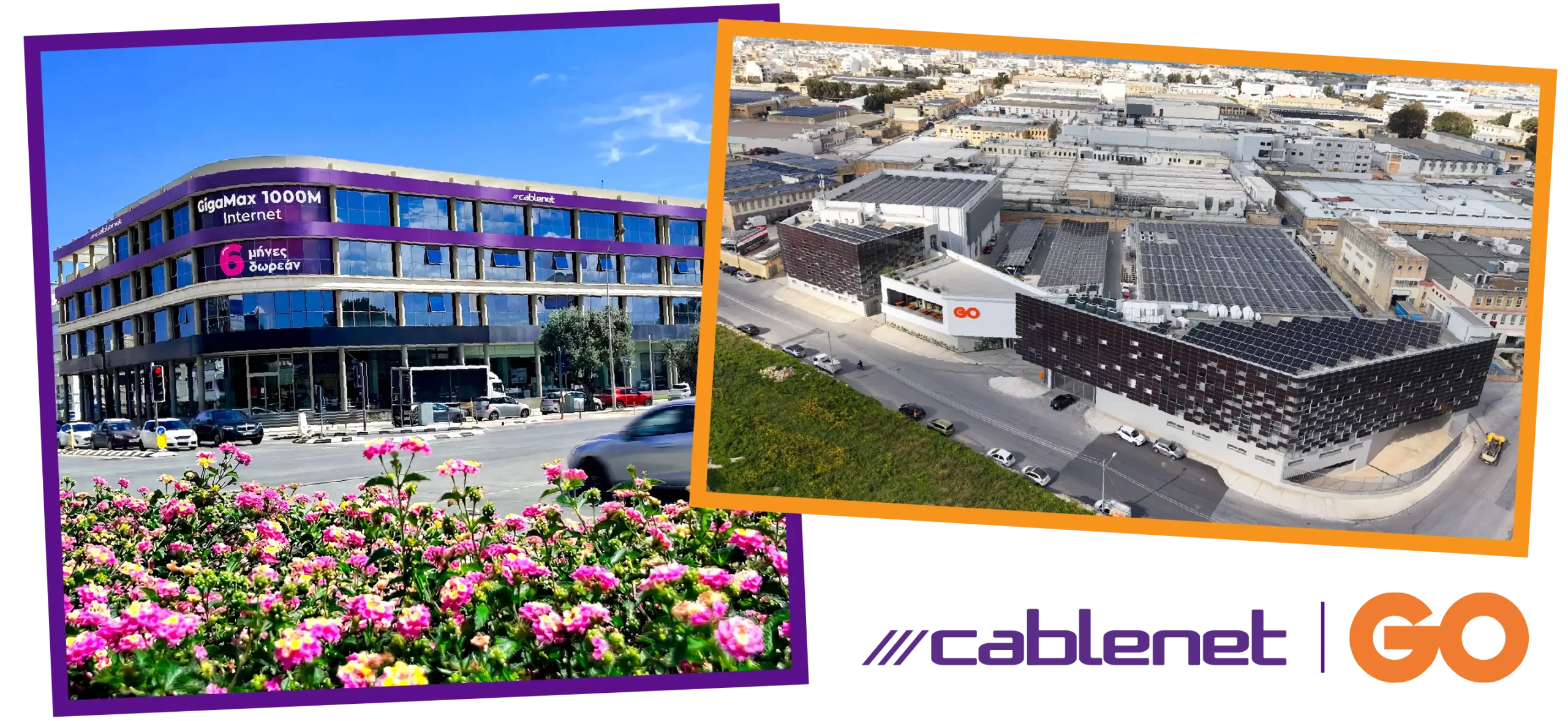 Composite image showing the headquarters of Cablenet Cyprus and GO P.L.C., alongside a combined company logo.