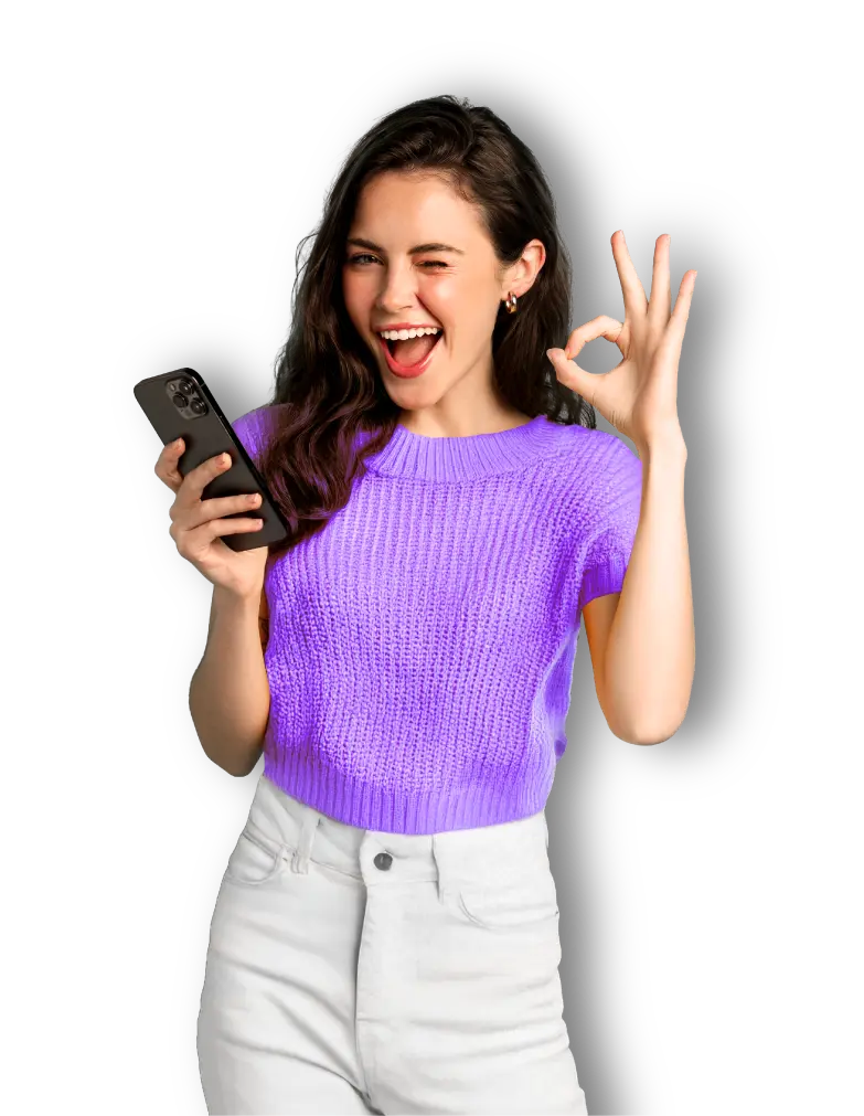 Woman excited holding a new smartphone purchased with device financing