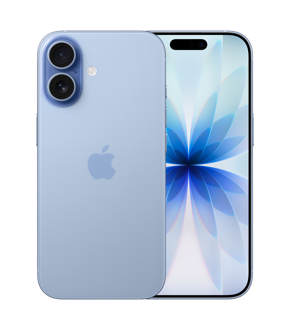 Front and back view of iPhone 17 in mist blue colour