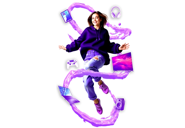 Young woman surrounded by electronic devices and purple elements
