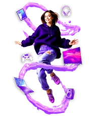 Young woman surrounded by electronic devices and purple elements