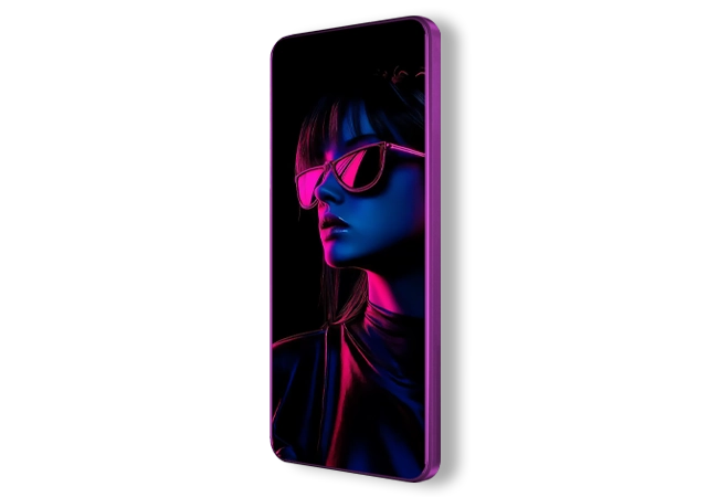 Neon cyberpunk-style illustration of a young woman displayed on a purple smartphone's screen