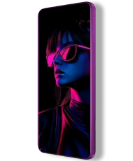 Neon cyberpunk-style illustration of a young woman displayed on a purple smartphone's screen
