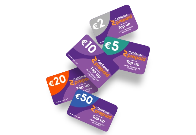 Cards showing top-up options for Cablenet Prepaid mobile service
