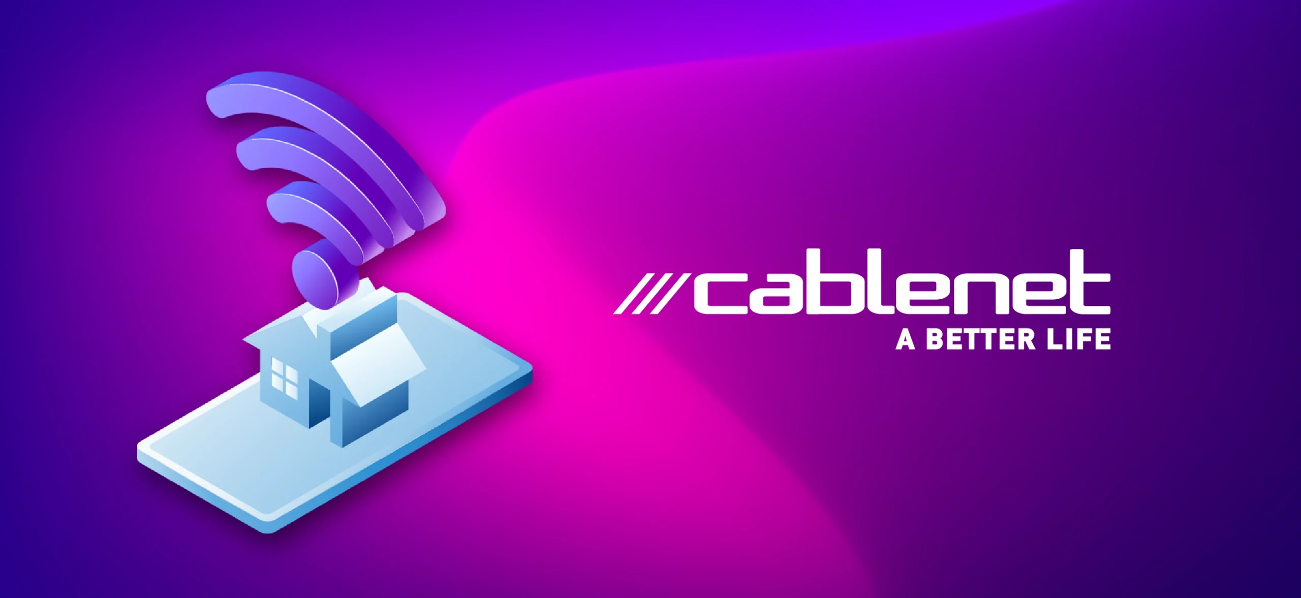 Home with full purple Wi-Fi signal on purple background and Cablenet logo