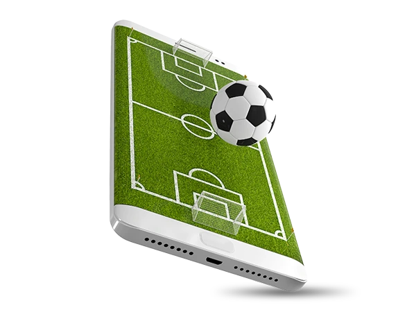 3d football field with a soccer ball in the screen of a mobile device