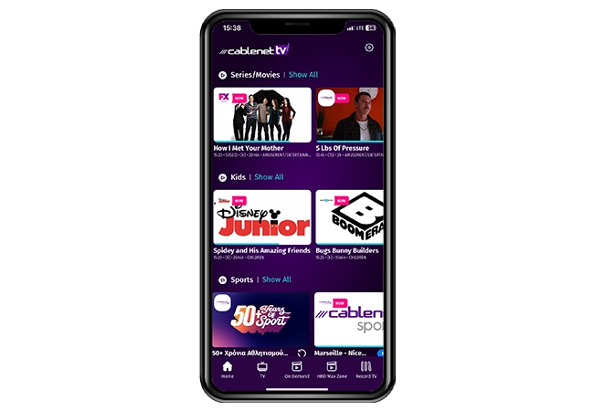 Cablenet TV GO app home screen display, showing the tv service TV programme, show and movie categories