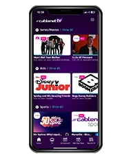 Cablenet TV GO app home screen display, showing the tv service TV programme, show and movie categories